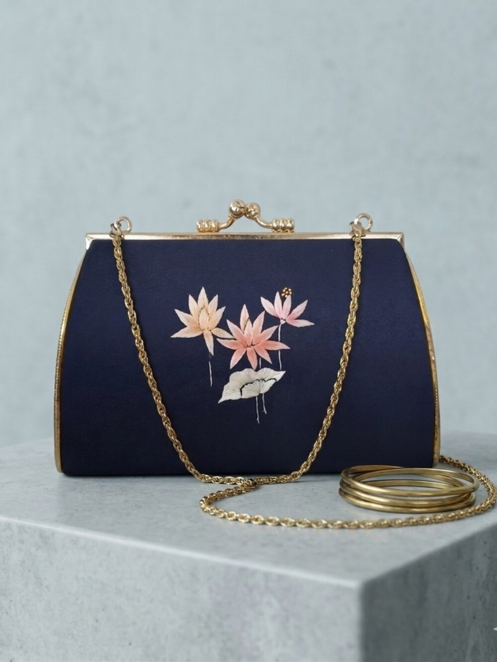 Satin Clutch With Lotus Embroidery Chain Strap Red Lining Asian Inspired